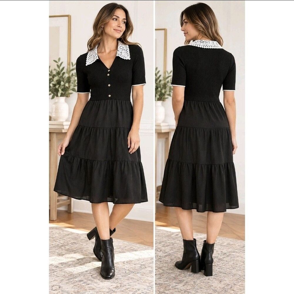 Nanette Lepore Dress Womens Small Black Lace Collar Tiered Sweater Midi NWT